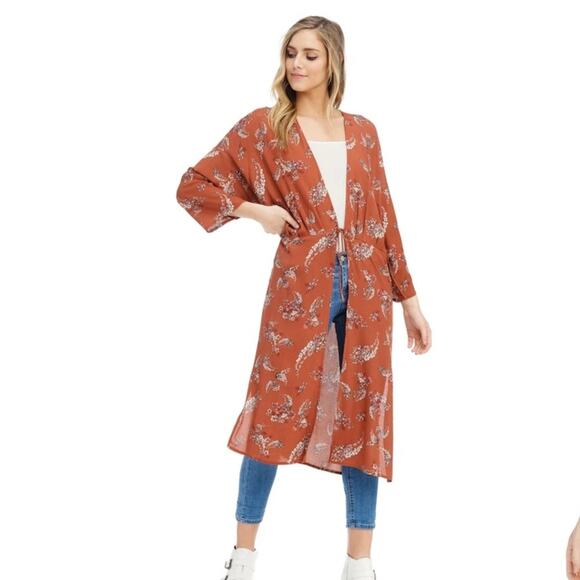 Anama Rust Floral Print Long Kimono - Picture 1 of 10